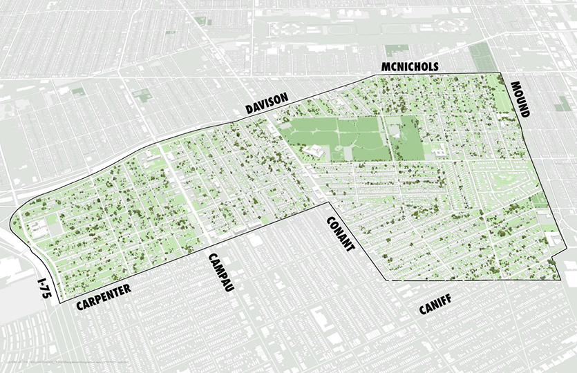 Campau / Banglatown birdseye view Campau / Banglatown landscape and streets