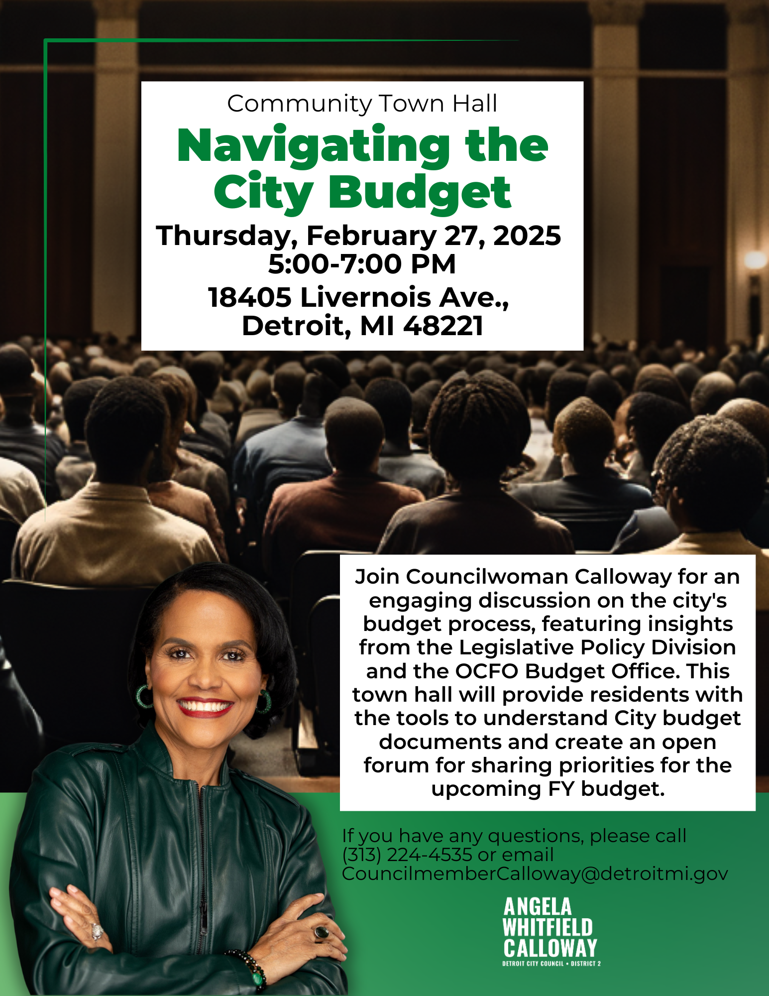 Audience in background white boxes containing black text